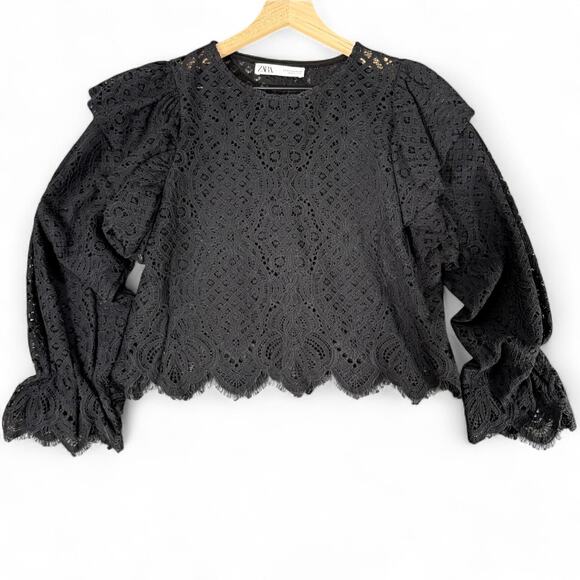Zara Black Lace Ruffle Flounce Sleeve Blouse M Romantic Whimsigoth Witchy Sheer - Picture 1 of 7
